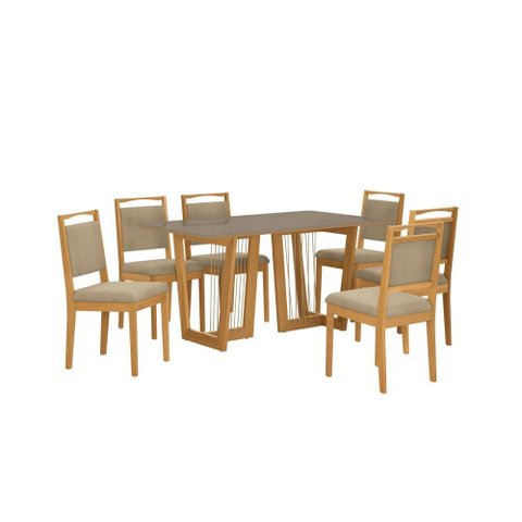 Conjunto Sala de Jantar Lina em Madeira Maciça 6 Cadeiras Boucle Bege