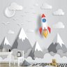 Papel Parede Infantil Cinza Montanha Paisagem Foguete Gg659 - 1