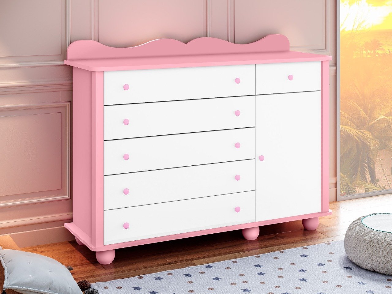 Cômoda Menina Linda 6 Gavetas para Quarto Infantil - Branco/Rosa ...
