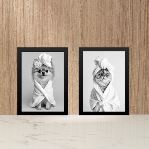 Kit 2 Quadros Divertidos para Banheiro Gatinha e Cachorrinha 33x24cm:moldura Preta