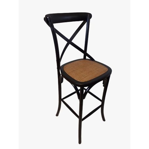 Banqueta Katrina Paris com Encosto em X e Assento Fixo em Rattan Natural - Cor Preta