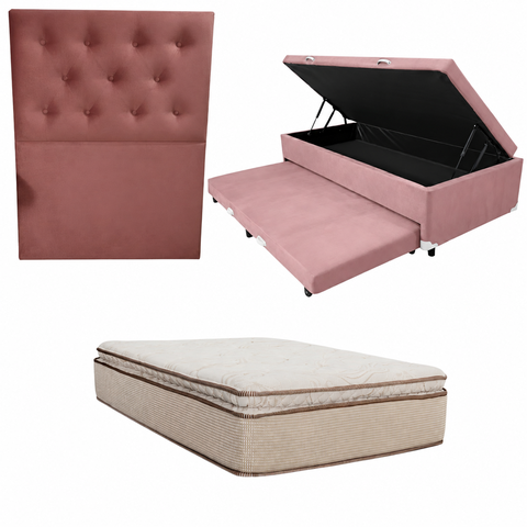 Cama Box Baú Solteiro com Auxiliar (Bicama) + Colchão Cloud Molas Ensacadas c/Pillowtop 32cm | Kit C