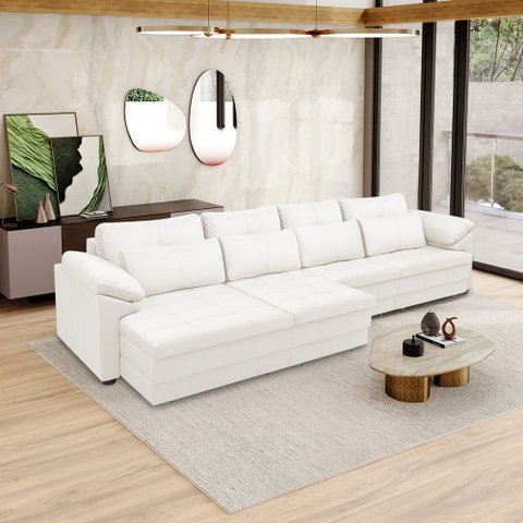 Sofá Retrátil Manual Sala de Estar Nolan Bipartido 414cm Conforto Premium em Couro Branco G58 - Gran