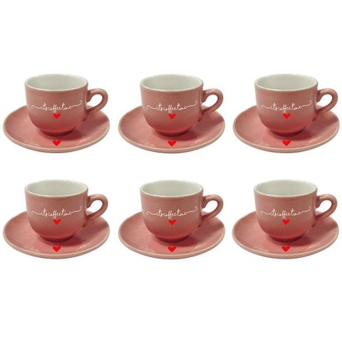 Jogo 6 Xícaras De Café Rosa Coração Porcelana Hauskraft 90Ml