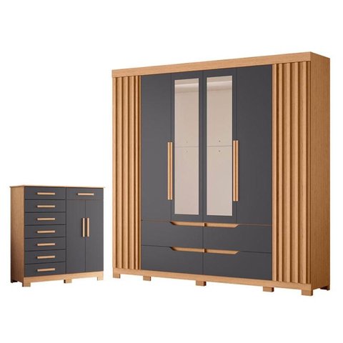 Guarda Roupa Casal Doble com Espelho 06 Portas e Cômoda Verona Freijo Titanium - Móveis Albatroz