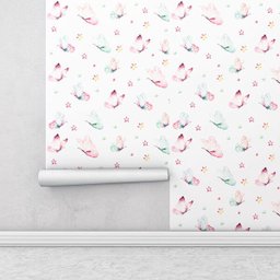 Papel de parede com borboletas em tons aquarela de rosa e azul Ideal Para Quarto Infantil - 2