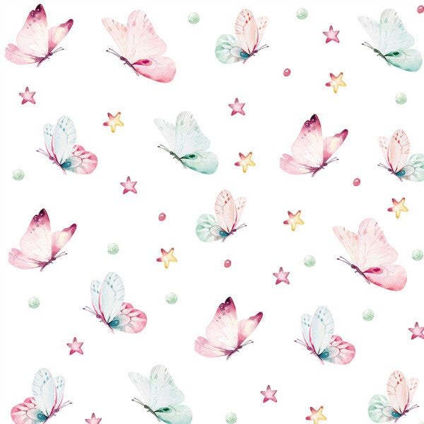 Papel de parede com borboletas em tons aquarela de rosa e azul Ideal Para Quarto Infantil