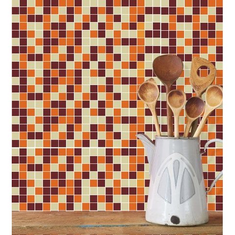 Adesivo Azulejo Pastilhas Em Tons de laranja, marrom, bege e branco 