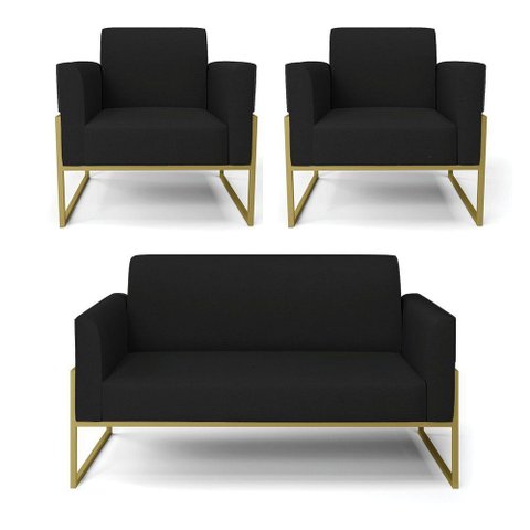 Sofá Namoradeira com 2 Poltronas Base Industrial Alta Dourado Marisa Linho D03 - D\'rossi Cor A79