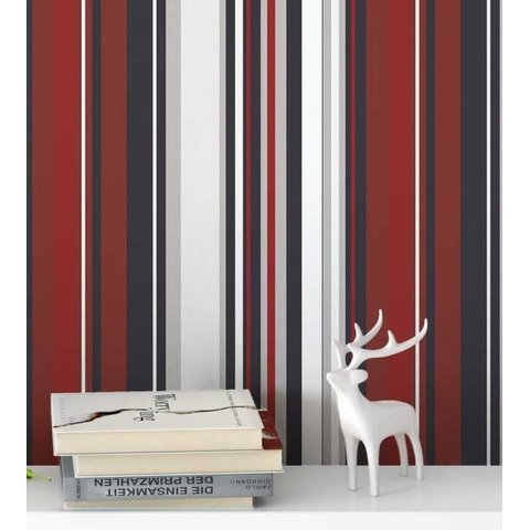 Papel de parede listrado vermelho preto e branco 