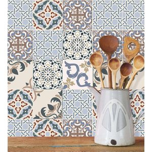 Adesivo Azulejo em tons azul, bege, marrom, cinza, e preto 