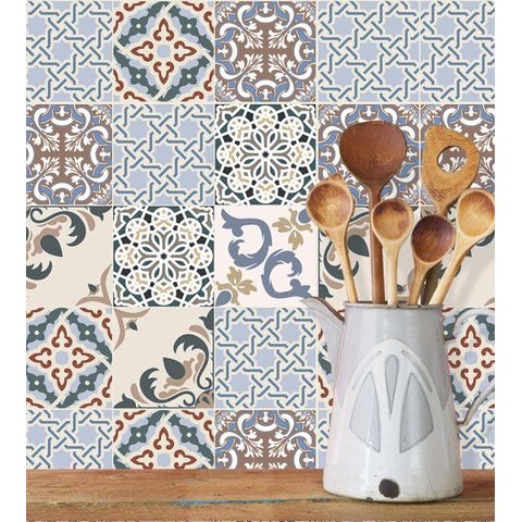 Adesivo Azulejo em tons azul, bege, marrom, cinza, e preto 