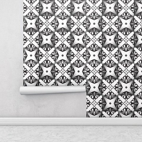 Papel de Parede Autocolante Azulejo 3D em Tons de Preto e Branco Cozinha