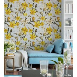 Papel de parede floral tons de amarelo marrom verde fundo cinza claro Para Quartos e Sala - 3