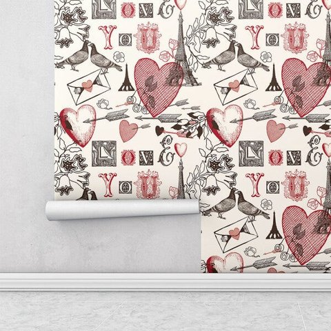 Papel de Parede Paris Com Torre Eiffel e Corações Para Sala e Quarto