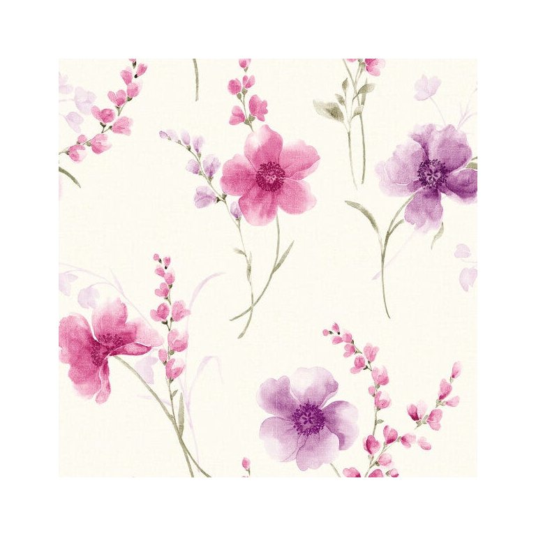 Papel de Parede Floral Com Ramos em Rosa e Roxo Para Quartos e Sala