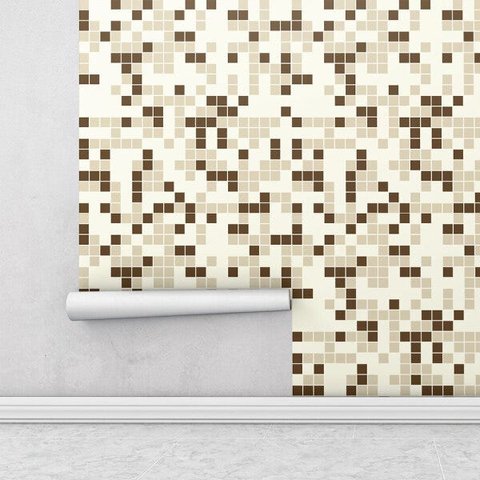 Papel de Parede Azulejo Pastilhas em Tons de Bege, Marrom e Branco