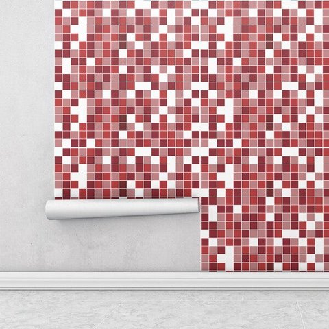 Papel de Parede Azulejo Pastilhas em Tons de Vermelho, Rosa e Branco