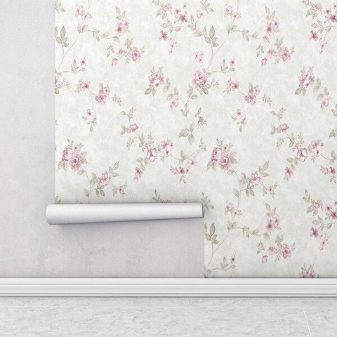 Papel de Parede com Tons de Verde e Detalhes em Rosa Para Sala e Quarto