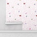 Ver imagem 1 de Papel de parede fundo branco detalhes rosa claro e borboletas coloridas Ideal Para Quarto Infantil
