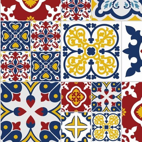 Adesivo Azulejo com detalhes em azul,vermelho, amarelo e branco para Área Gourmet
