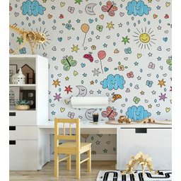 Papel de parede com desenhos infantis céu sol estrelas e variados  - 1