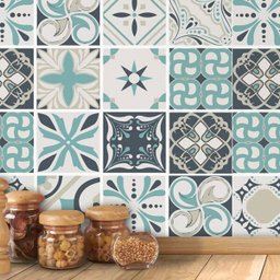 Papel de Parede Ladrilho Azulejo Cozinha em Tons de Azul e Bege - 2