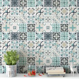 Papel de Parede Ladrilho Azulejo Cozinha em Tons de Azul e Bege - 1