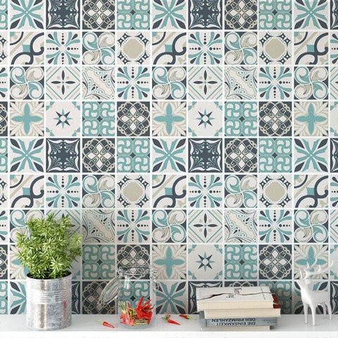 Papel de Parede Ladrilho Azulejo Cozinha em Tons de Azul e Bege