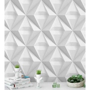 Papel de Parede 3D Triangulos em Tons de Branco e Cinza e Kit Aplicação Completo