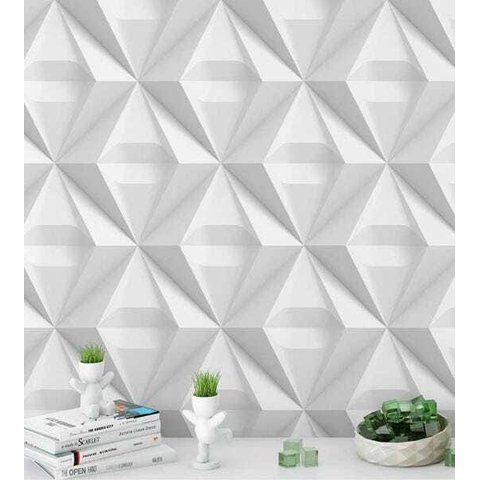 Papel de Parede 3D Triangulos em Tons de Branco e Cinza e Kit Aplicação Completo