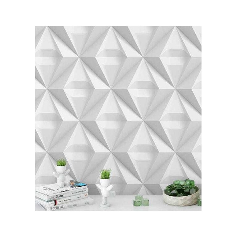 Papel de Parede 3D Triangulos em Tons de Branco e Cinza e Kit Aplicação Completo