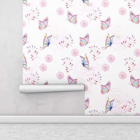 Papel de parede com borboletas e flores, em tons de roxo e branco Ideal Para Quarto Infantil
