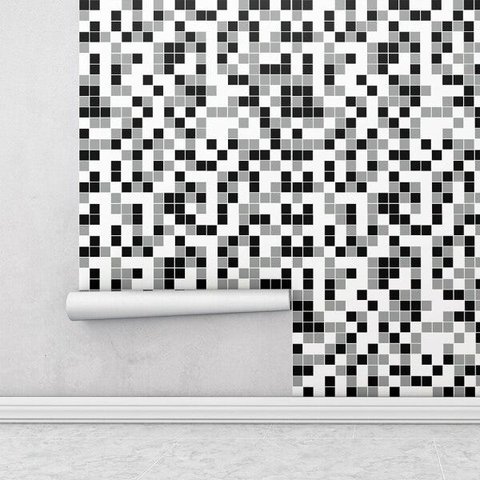 Papel de Parede Azulejo Pastilhas em Tons de Preto, Branco e Cinza