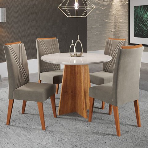 Mesa de Jantar 4 Lugares Wembley com Vidro Mel/pérola/off Whie - Panorama Móveis