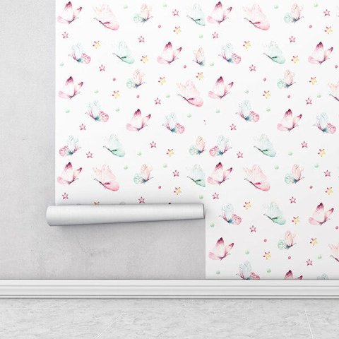 Papel de parede com borboletas em tons aquarela de rosa e azul Ideal Para Quarto Infantil