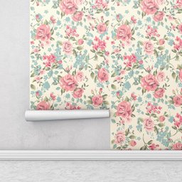 Papel de parede romântico rosa, verde e cinza com fundo bege Para Quartos e Sala - 2