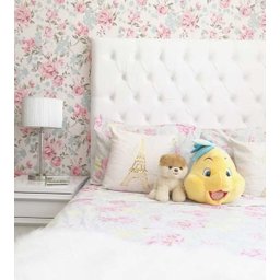 Papel de parede romântico rosa, verde e cinza com fundo bege Para Quartos e Sala - 3