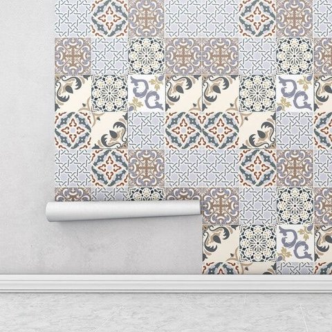 Adesivo Azulejo em Tons Azul, Bege, Marrom, Cinza, e Preto para Cozinha