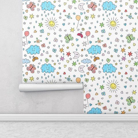 Papel de parede com desenhos infantis céu sol estrelas e variados Ideal Para Quarto Infantil