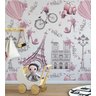 Papel de Parede Infantil Paris fundo rosa claro Lambretas e Flores Para Sala e Quarto Infantil - 3