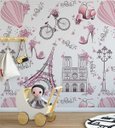 Ver imagem 3 de Papel de Parede Infantil Paris fundo rosa claro Lambretas e Flores Para Sala e Quarto Infantil
