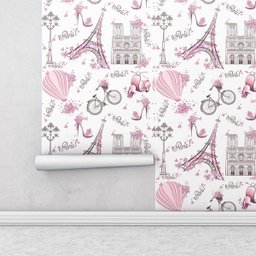 Papel de Parede Infantil Paris fundo rosa claro Lambretas e Flores Para Sala e Quarto Infantil - 2