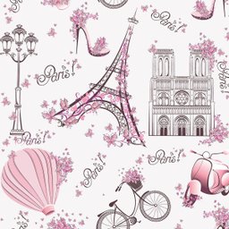 Papel de Parede Infantil Paris fundo rosa claro Lambretas e Flores Para Sala e Quarto Infantil - 1