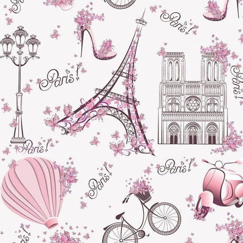 Papel de Parede Infantil Paris fundo rosa claro Lambretas e Flores Para Sala e Quarto Infantil