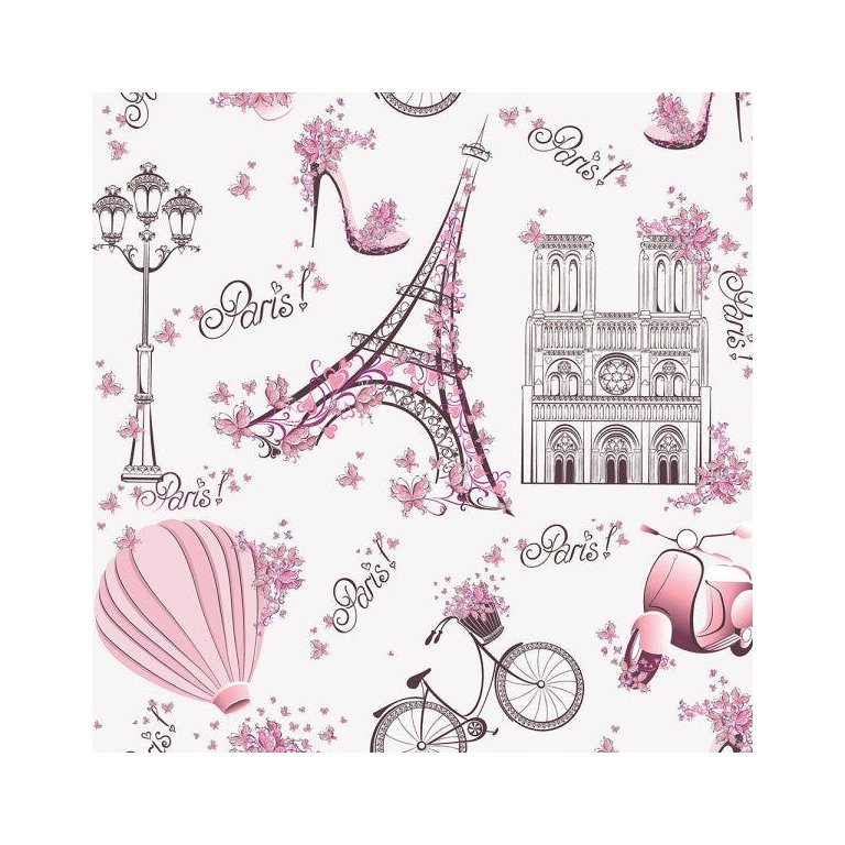 Papel de Parede Infantil Paris fundo rosa claro Lambretas e Flores Para Sala e Quarto Infantil