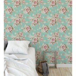Papel de parede romântico floral rosa e verde com fundo azul turquesa  - 1