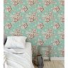 Papel de parede romântico floral rosa e verde com fundo azul turquesa  - 1