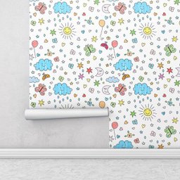 Papel de parede com desenhos infantis céu sol estrelas e variados Ideal Para Quarto Infantil - 2