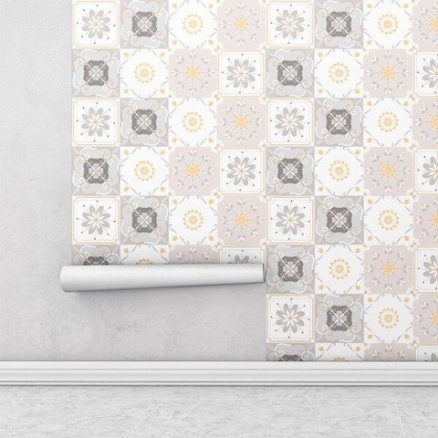 Adesivo de Parede Azulejo Portugues em tons de rosa, bege e branco para Cozinha